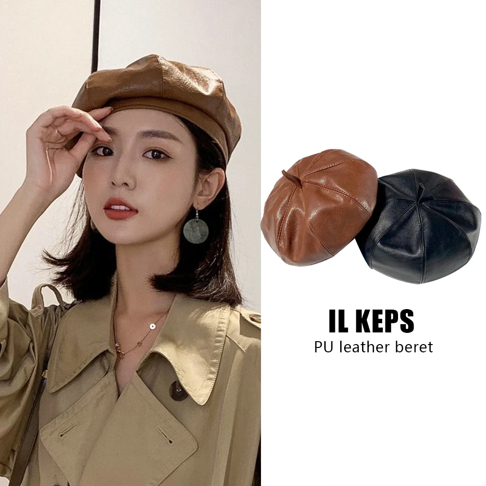 IL KEPS Beanie PU Leather Berets Women\'s Cap For Female Lattic Soft Winter Hat Solid Flat KPop Felt Cute Girl Berets BLM010