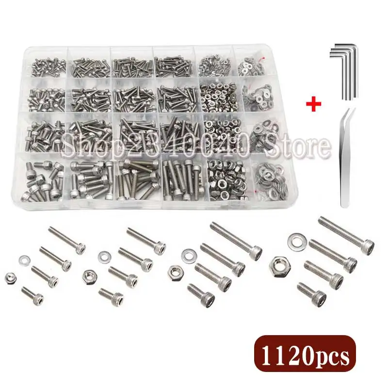 

1120pcs Hex Socket Machine Screw Nut Flat Washers Assortment Kit 304 Stainless Steel M2M2.5M3M4 Bolts and Nuts With Hex Wrenches