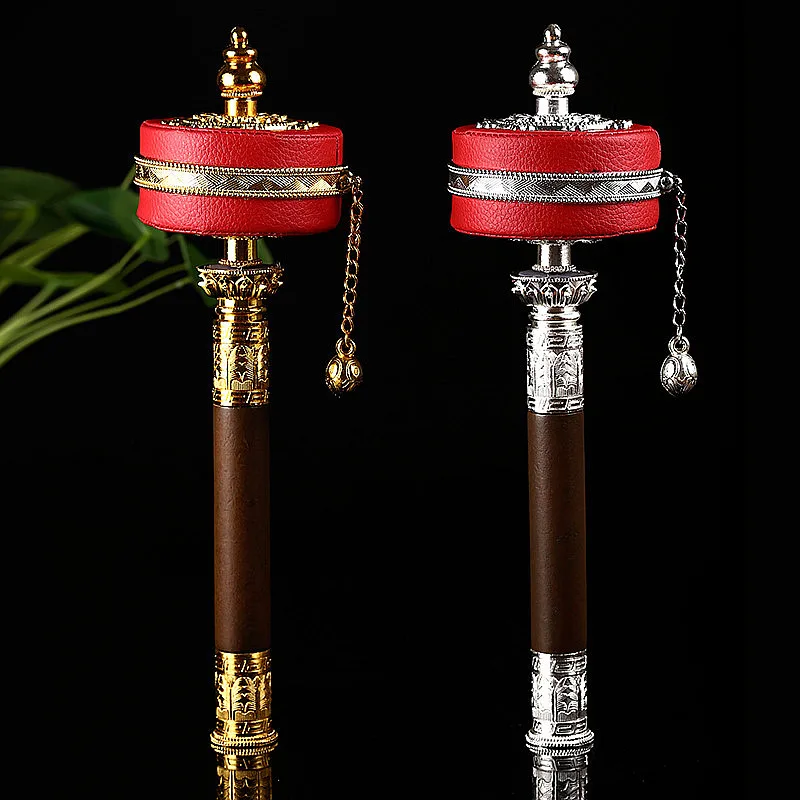 

Gold/Silver Red Leather Alloy Copper Lotus Base Decorate Six Words Mantra Hand Cranking Auspicious Prayer Wheel