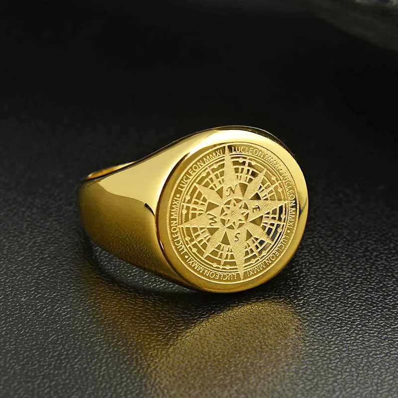 Valily Mens Compass Ring Gold Stainless Steel fashion Navigator Jewelry for Men