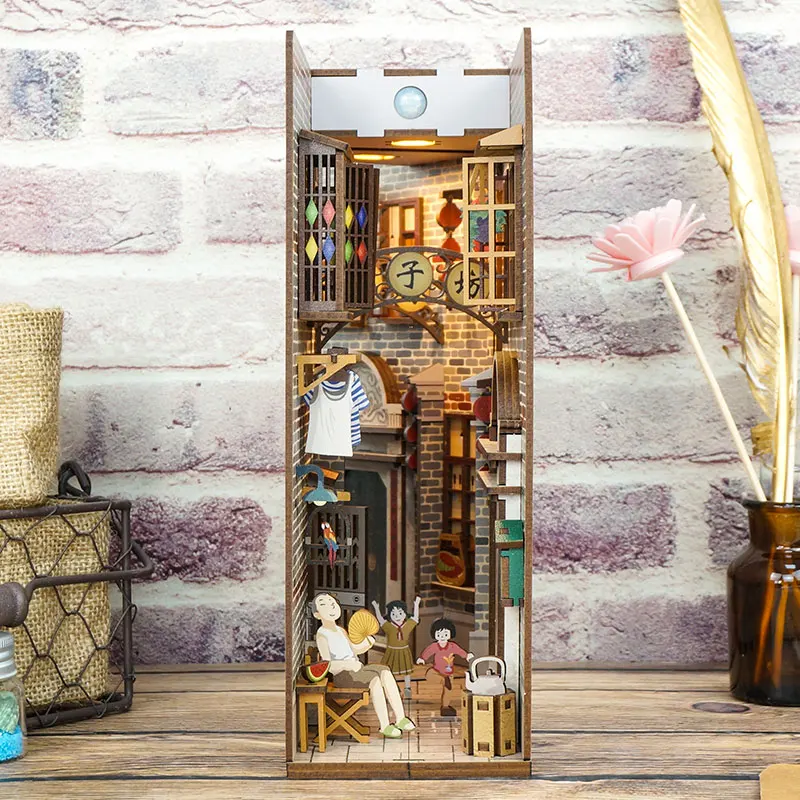 New DIY Book Nook City Street  Model Building Bookend Book Shelf Insert Bookcase With Light Kit Crafts Decor Toy Children Gift