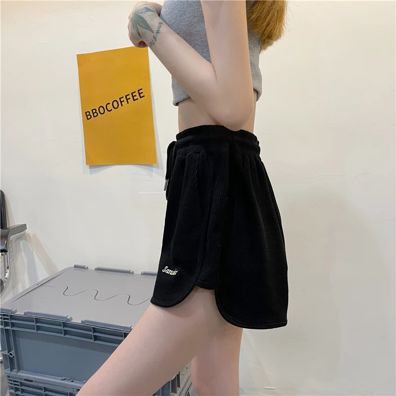 Women Shorts Loose Casual Elastic Waist Students Wide-leg Daily All-match Embroidery Streetwear Harajuku Summer Lace Up Trousers