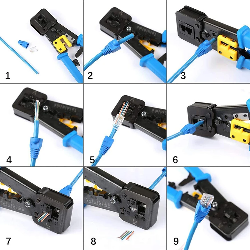 RJ45 Crimp Tool Pass Through Cat5 Cat5e Cat6 Crimping Tool For RJ45/RJ12 Regular And End-Pass-Through Connectors 100pcs Set