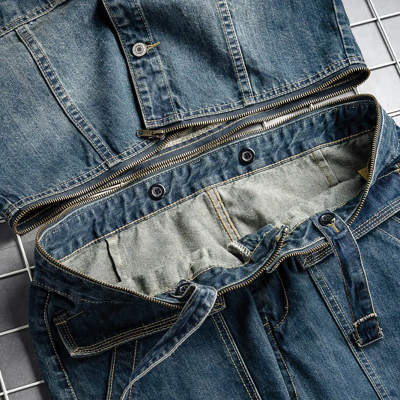 Spring Fall Mens Vintage Detachable Denim Cargo Overalls HipHop Long Sleeve Tops Straight Pants Big Size Rompers Male Jumpsuit