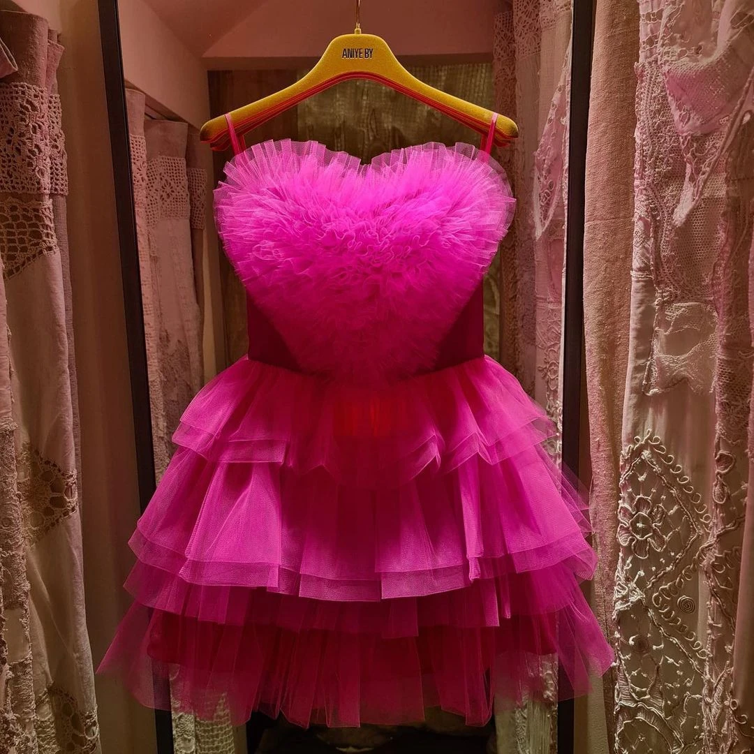 Fuchsia Puffy Tulle Prom Dresses Lush Heart  Shape New Collection Prom Dress Above Knee Length Sweetheart Spaghetti Party Gowns