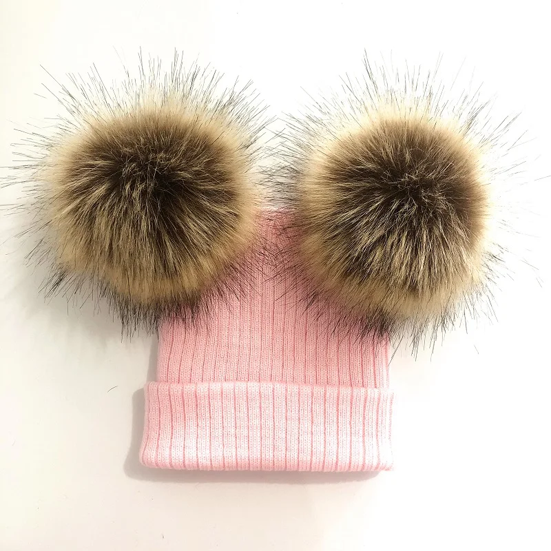 Crianças malha de pele do falso duplo pompom chapéu tampas de inverno para bebê menina criança crianças gorro