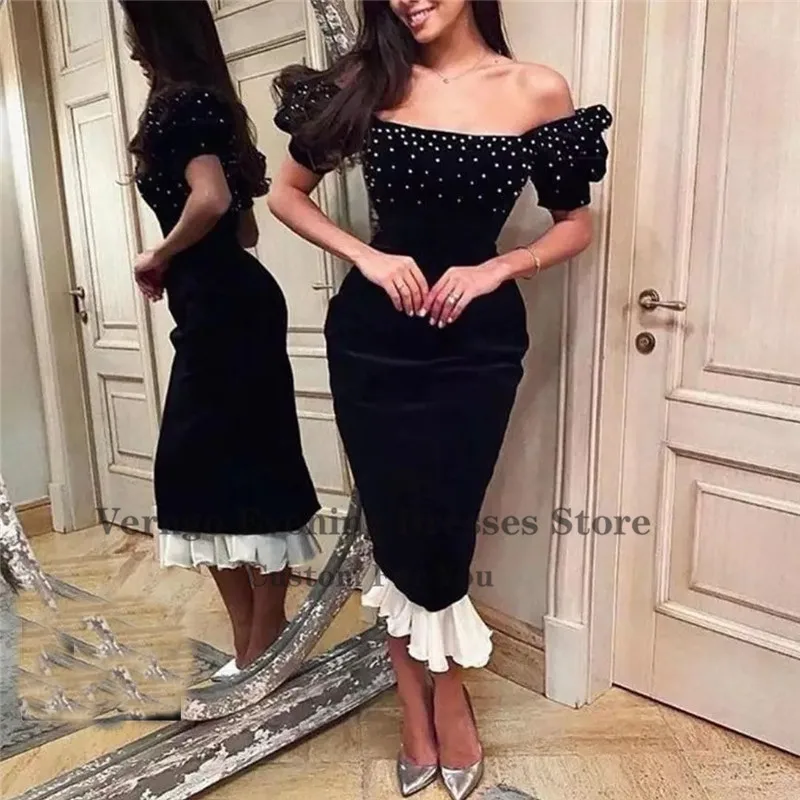 Verngo Elegant Off the Shoulder Mermaid Black Velour Evening Dresses Short Sleeves Beads Prom Gown Tea Length Formal Party Dress