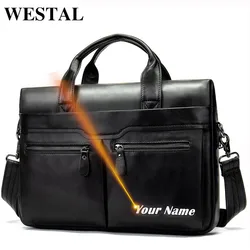 Westal laser gravar bolsa de couro masculina bolsa de mensageiro de couro genuíno masculino sacos de portátil de couro sacos de ombro para homem