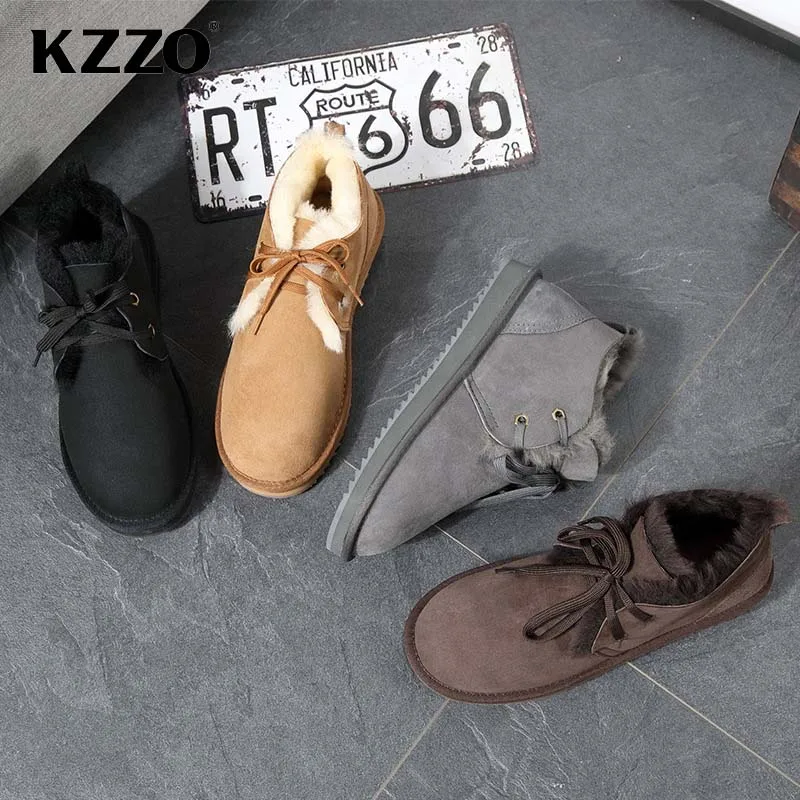 KZZO Real Natural Sheepskin Suede Leather Ankle Snow Boots For Men Shearling Lined Winter Warm Non-slip Lace-up Wool Fur Shoes