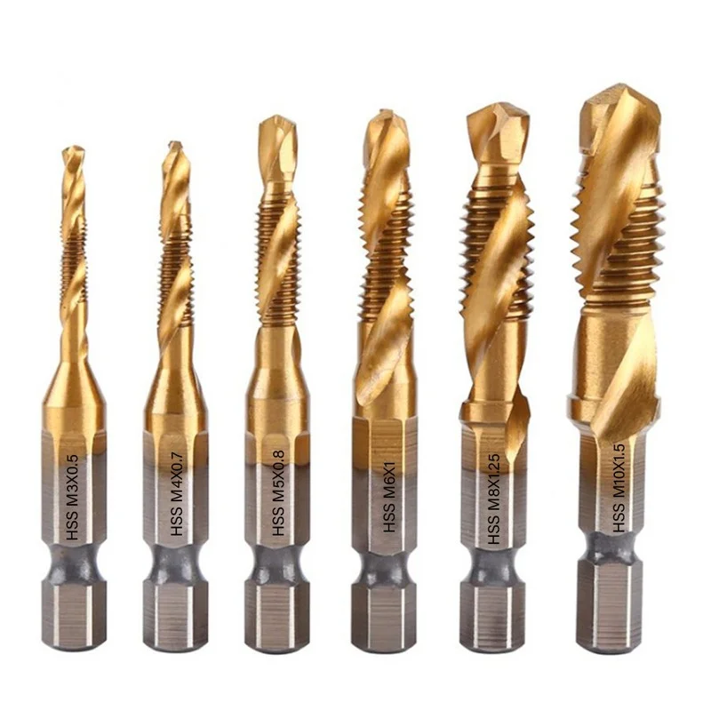 New Titanium Plated Hex Shank HSS Screw Thread Metric Tap Drill Bits Screw Machine Compound M3 M4 M5 M6 M8 M10 Hand Tools