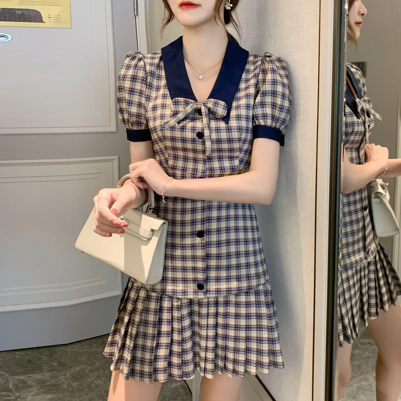 Korean Fashion Vintage Plaid Front Button Pleated OL Office Ladies Dress Sexy Short Dresses Lantern Sleeve Casual Shirt Dress