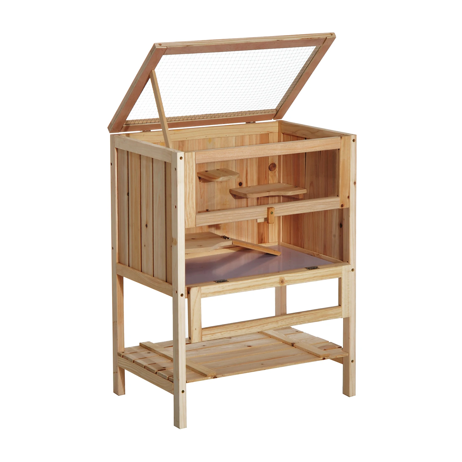 PawHut wooden hamster cage ramp Casement ceiling plexiglass window and bottom shelf 60x40x80 cm Natural