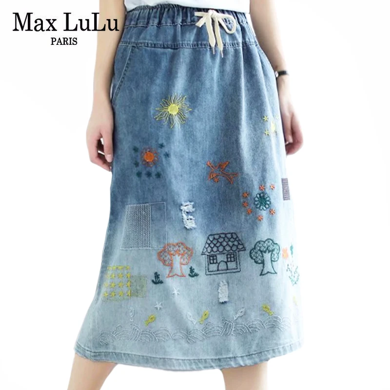 Max LuLu British Style New 2021 Summer Ladies Ripped Gradient Skirts Women Casual A-line Denim Skirt Female Oversized Clothing