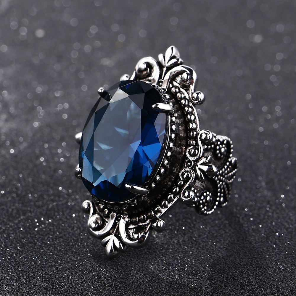 CiNily Luxury Big Peacock Blue Sapphire Rings for Women Men Vintage Silver Plated Jewelry Ring Anniversary Party Gifts