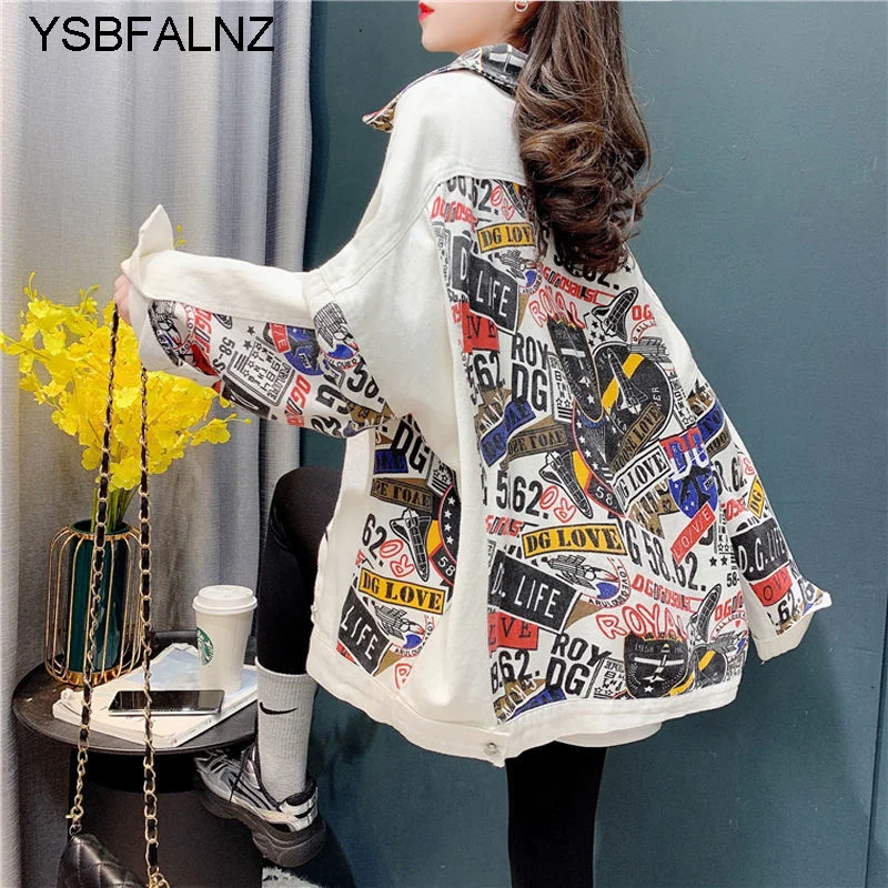 

Streetwear Style Print Womens Denim Jacket Coat BF Jeans Outwear Female 2023 Spring Autumn Casual Loose Cowboy Clothing Loose