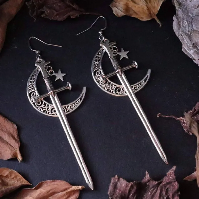 New Gothic Moon Sword Earrings Long Witchy Medieval Viking Alternative Goth Boho Jewelry Creativity Punk Fashion Women Gift