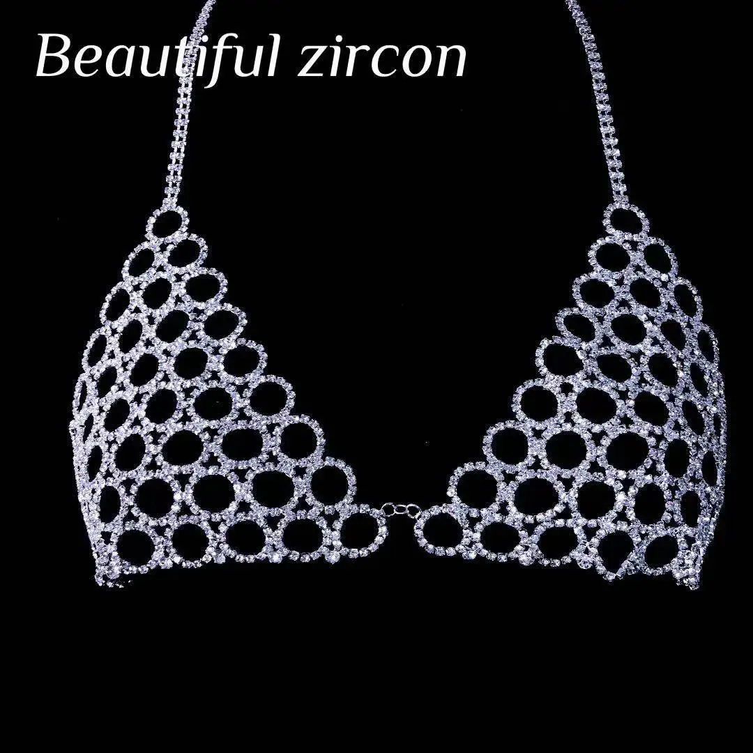 

Sexy women's hollow out body chain bra luxury shining crystal Beach Bikini Bra and thong nightclub party jewelry wholesale