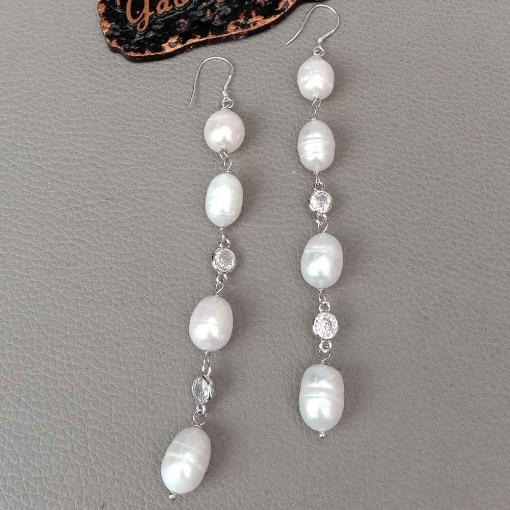 Natural High Luster Freshwater White Rice Pearl Cz Clear Hook Earrings Hook Luxurious Handmade Earrings