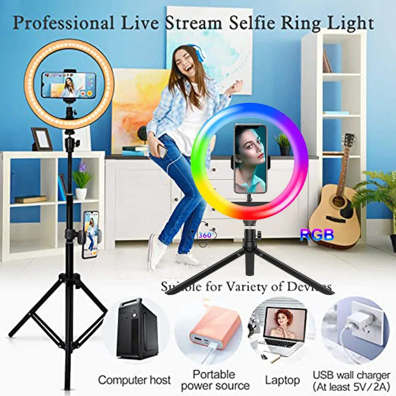 26CM 10 Inch RGB Ring Light 15 Colors with Mini Tripod Stand Phone Holder For Tik Tok Makeup YouTube Video Photography Lamp