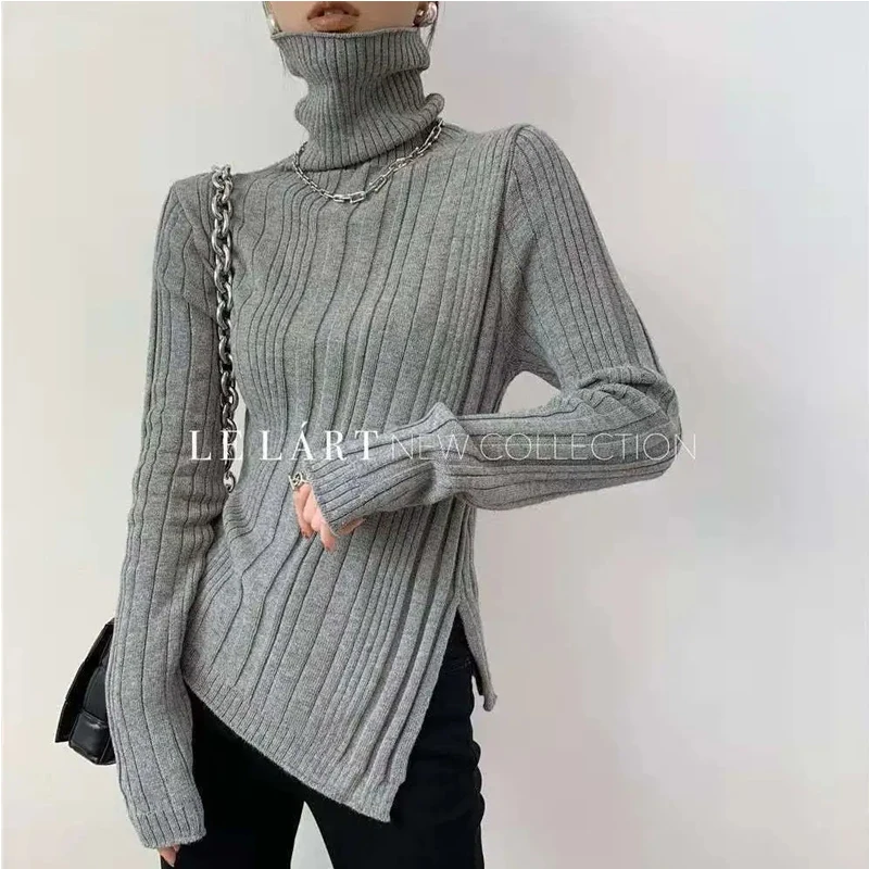 Suéter de cuello alto para mujer, jersey con abertura lateral, Tops de punto, moda coreana, Top básico ajustado de manga larga, otoño e invierno,