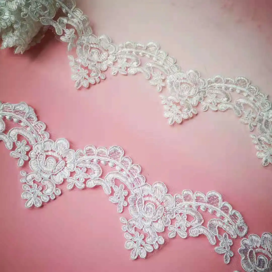 9Yards 8cm Wide Pure White Ivory Edge Polyester Embroidery Lace Trim for Bridal Wedding Gown Costume Design Lace Ribbon
