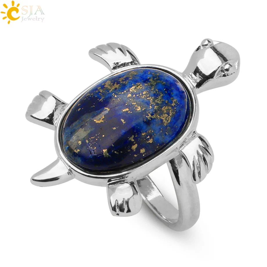 CSJA Women Ring Reiki Natural Crystal Stone Pink Quartz Lapis Silver Color Finger Rings Cute Animal Tortoise Trendy Jewelry F589