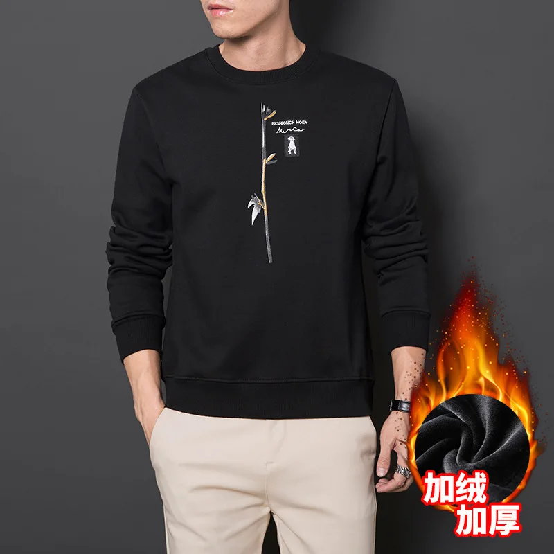 Spring And Autumn New Men's Round Neck Pullover Hoody Printed Chinoiserie Plus Velvet Youth Loose Long-Sleeved Upper Garment