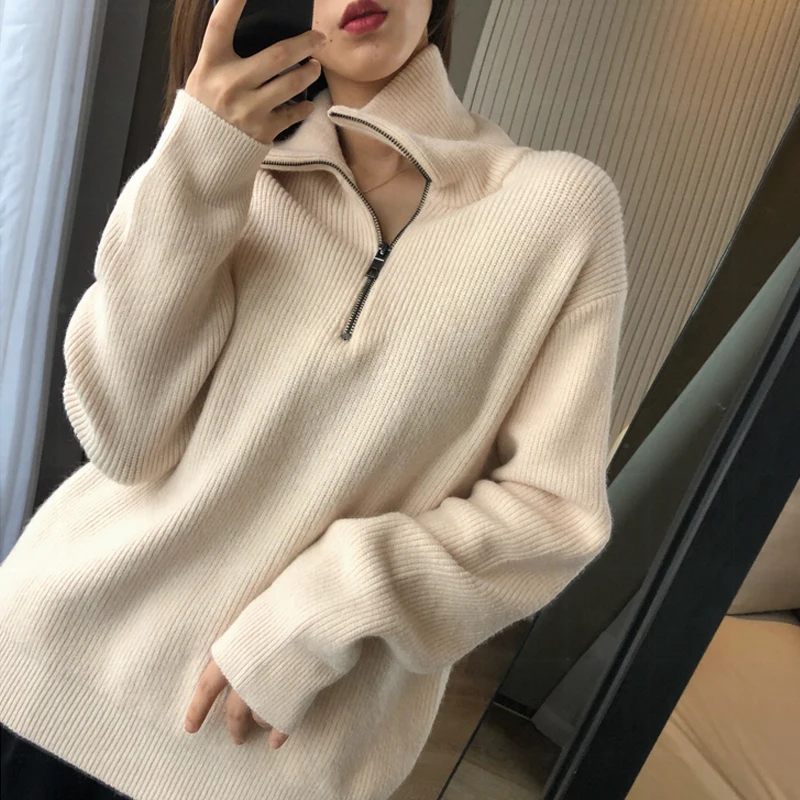 European goods autumn and winter add thick turtleneck sweater female loose outside wear pure color wool knitting bottom recreati