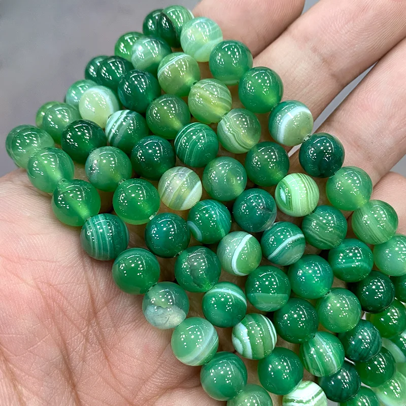 Natural Stone Green Stripes Agates Round Beads 15