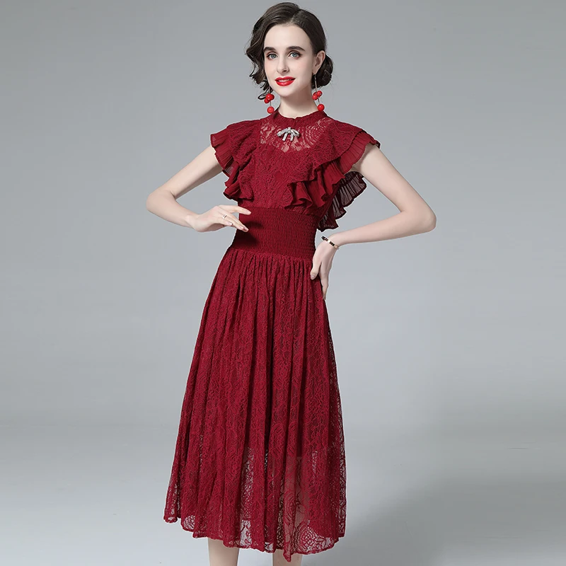 Summer Women New Fashion Casual Fly Sleeve Lace Dresses Elegant Ruffles Long Midi-calf Party Dress