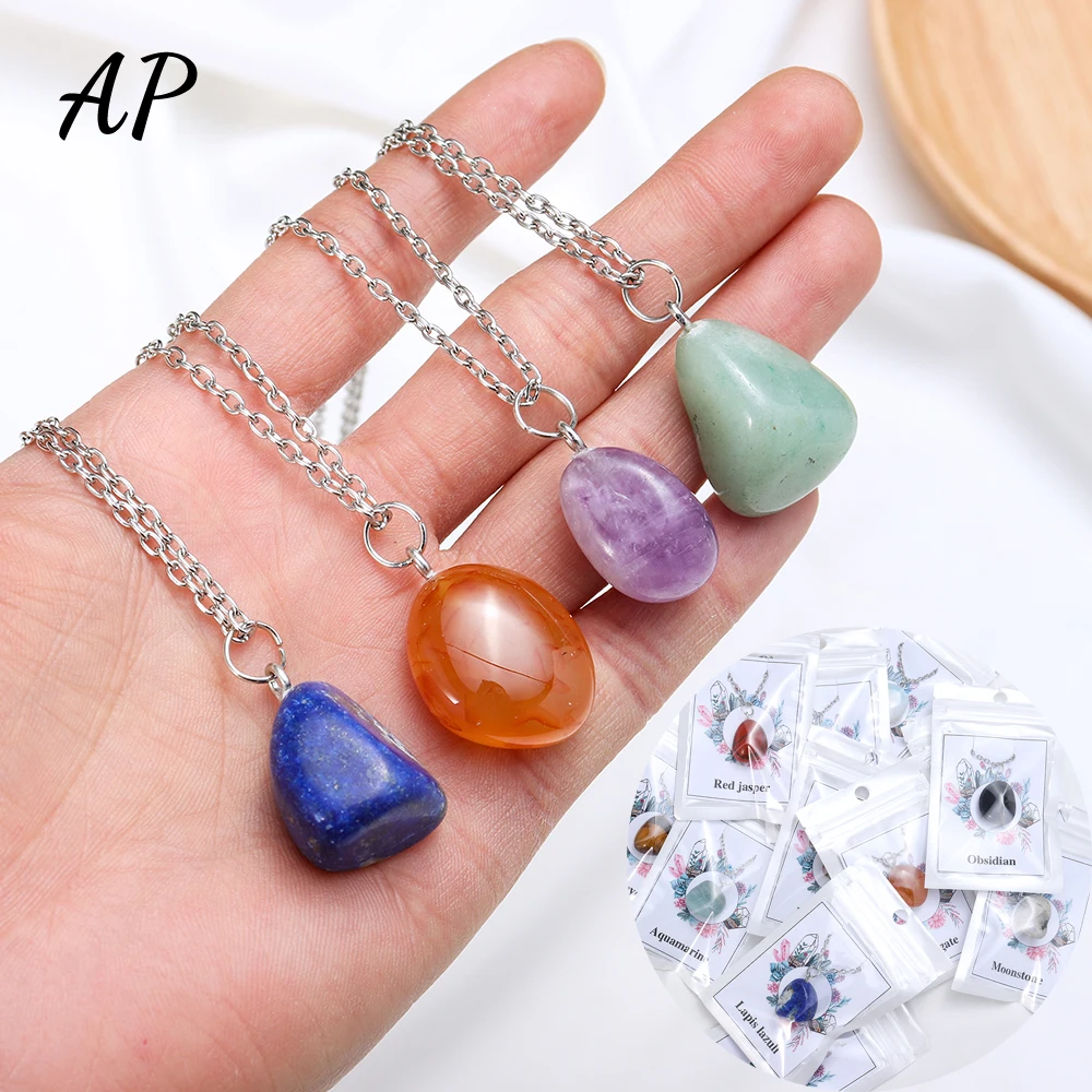 1PC Natural Crystals Pendant Amethyst Carnelian Neckalce Irregular Polished  Rose Quartz Silver Chain Pendant Gift