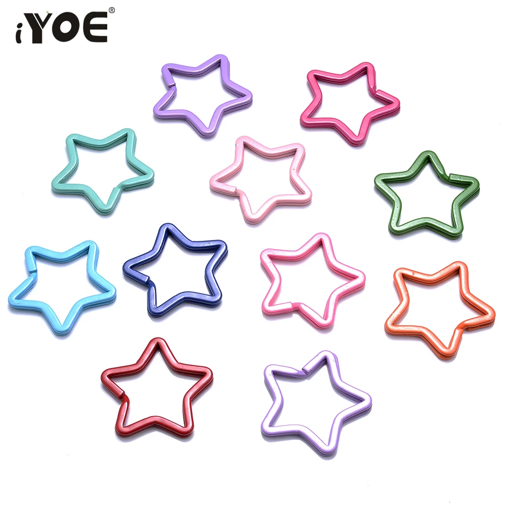 IYOE 5pcs 30x35mm Colorful Planted Key Circle Ring Big Star Key Split Rings For Making Keychain Connector Chain Lobster Claps