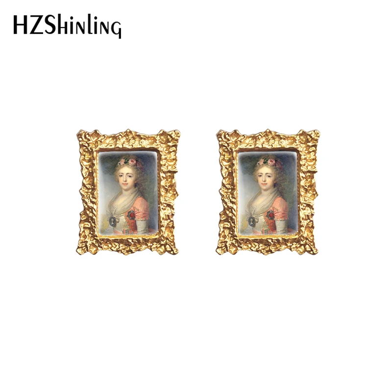 2020 New Vintage Portrait Of Duchess Stud Earring Oil Painting Square Earrings Retro Art Glass Dome Jewelry Gifts Women