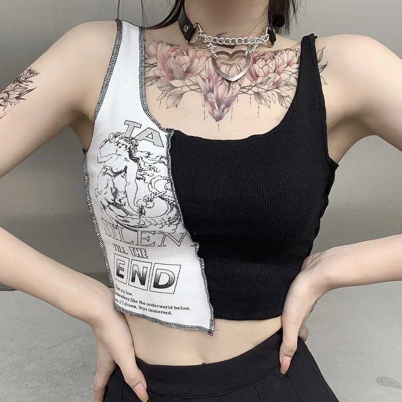 Punk-Stil Patchwork Tanktops ästhetischen Buchstaben und Grafik druck Frauen Ernte Top Farbe Blocking ärmellose Streetwear
