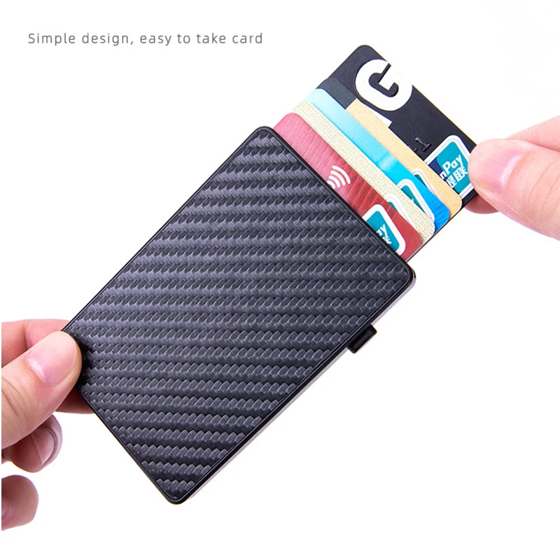 Bycofecy-Nome personalizado Titular do cartão de crédito para homens, botão inteligente, fibra de carbono, Slim Thin Card Wallet, Rfid Credit Card