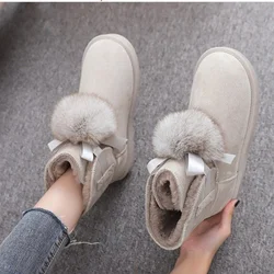 Women Winter Ankle Boots Suede Leather Fur Ball Snow Boots Plush Natural Fur Keep Warm Slip-on Shoes Flats Booties Woman