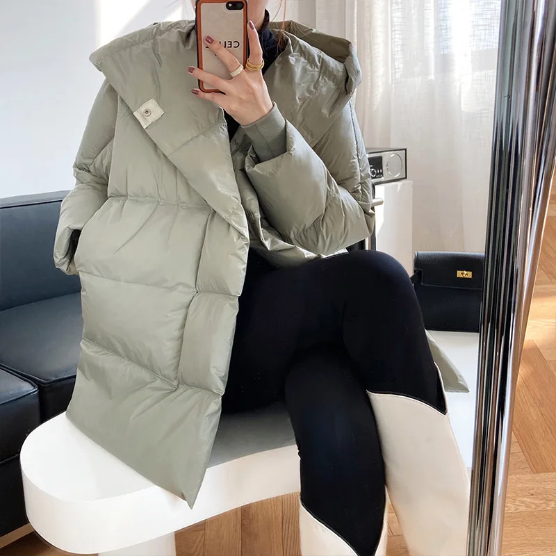 2021 New Autumn Winter Oversized Hooded White Duck Down Jacket For Women Fluffy Warm Solid Color All Match Causal Coat