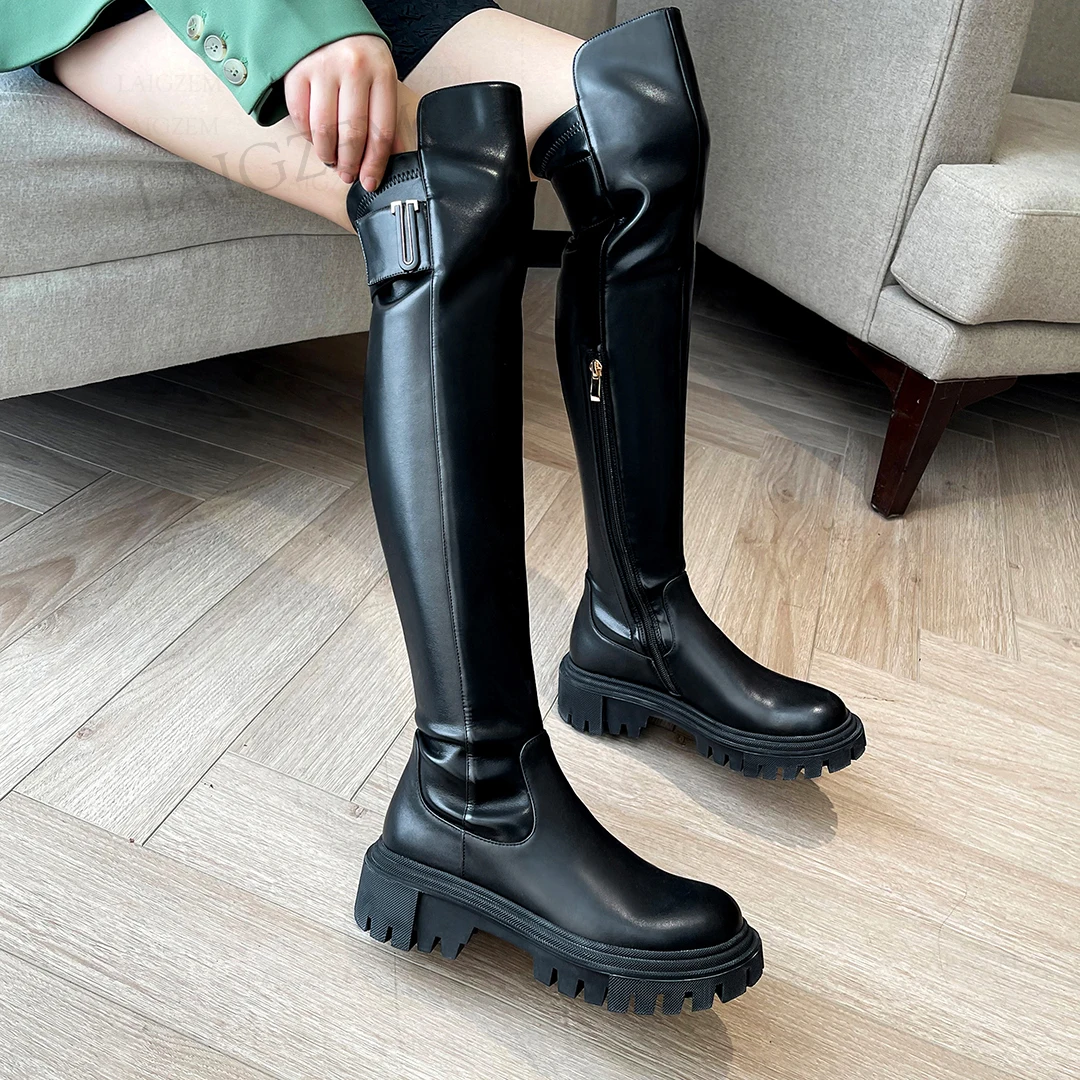 LAIGZEM Women Over Knee High Boots Leather + Synthetic Side Zip 5CM Mid Thick Heels Tall Boots Ladies Shoes Woman Size 34 38 39