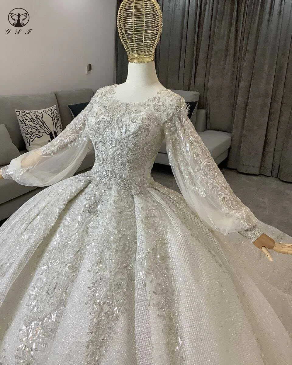 Designer Wedding Dress Scoop Appliqued Beaded Heavily Long Sleeve Ball Gown Puffy Vestidos De Novias