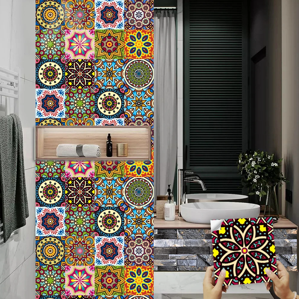 16pcs Mandala Style Kitchen Oil-poof & Waterproof Stickers Cupboard Bathroom Home Renovation Art Mural Self-adhesive Wall Decals