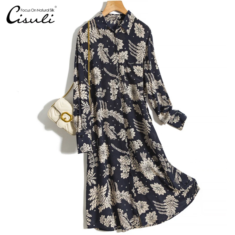 

CISULI 100% Mulberry Silk ladies dress holiday dress Pure Soie Fabrics Women Summer Dress Cool Breathable