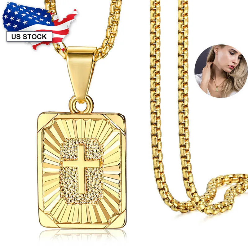 Mens Womens Jesus Christ Crucifix Charm Necklace Square Christian Cross Pendant for Men Women Link Chain 45-76cm Jewelry LGP422A