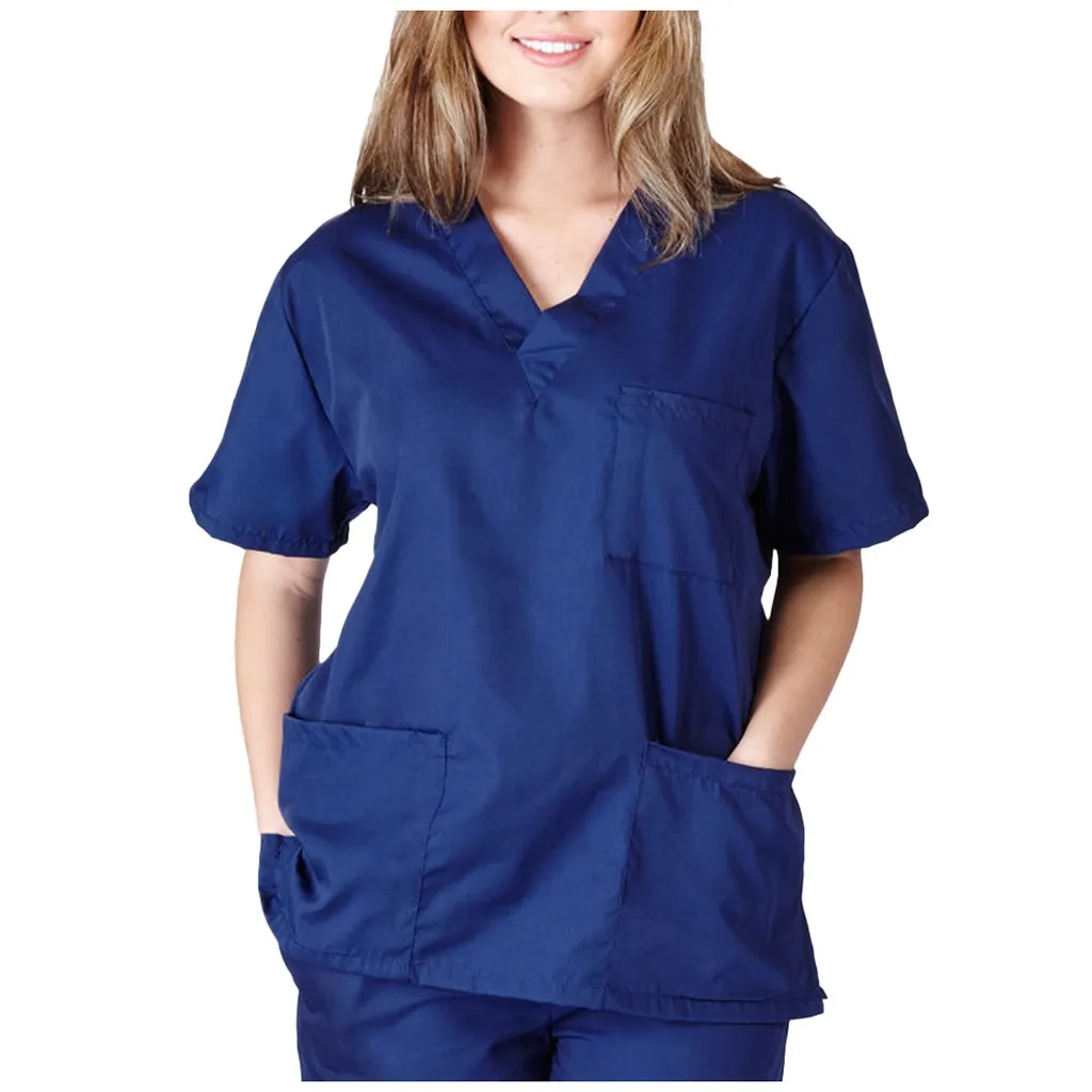 Uomo donna infermieristica uniforme camicetta manica corta scollo a v camicetta Scrub top con tasca camicia allentata Unisex abbigliamento da lavoro camicette uniformi