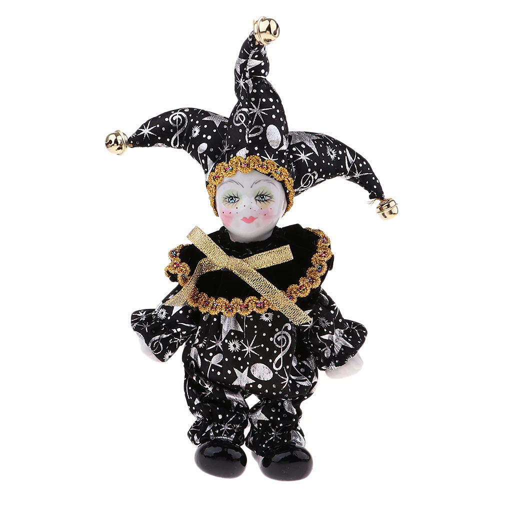 Black Porcelain Dolls Collectible 6inch Height Harlequin Doll in Costume, Creative Valentin Gifts for Him or Girlfriend