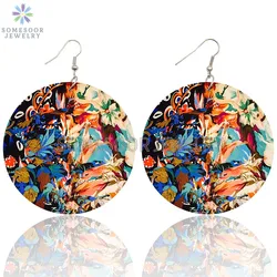 SOMESOOR Bohemian Arts Paint Wooden Drop Earrings Vintage Flower Pattern Both Sides Printed Circle Dangle Jewelry For Women Gift