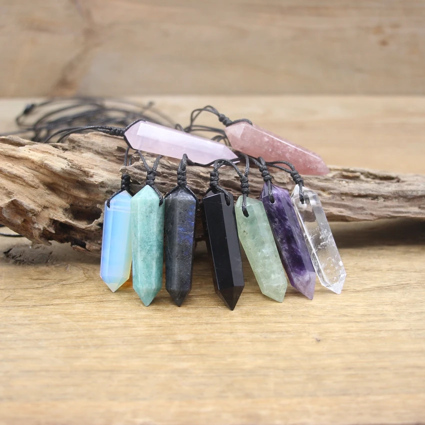 ريكي شقرا كريستال مزدوج نقطة المعلقات إخفاء حبل القلائد ، شفاء الكوارتز الجمشت حجر السج رصاصة البندول مجوهرات ، QC3064