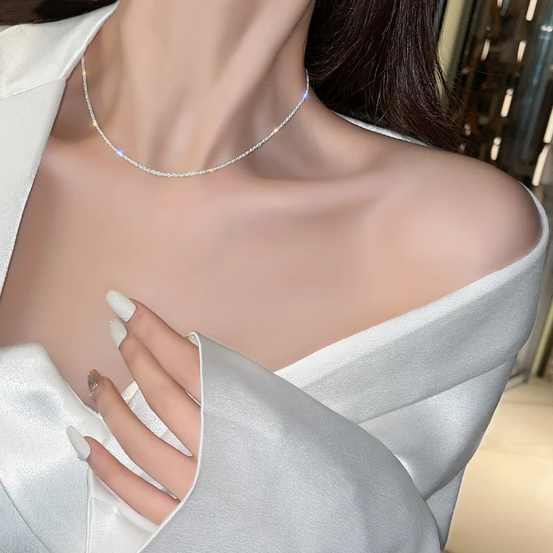 Fashion Sparkling Starry Choker Necklace For Women Anniversary Bride Wedding Clavicle Plain Chain Necklace Gift Jewelry 2021