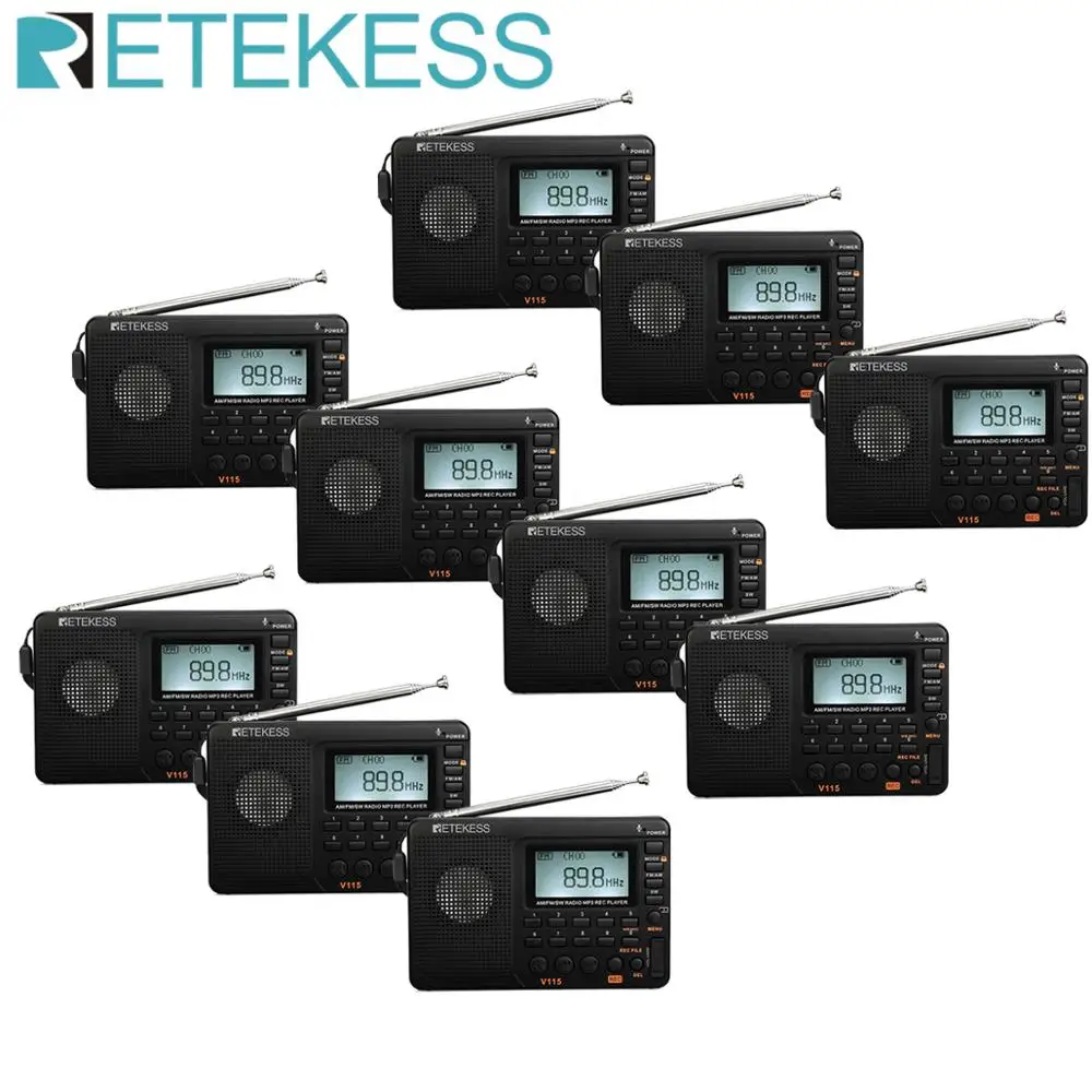 Retekess 10Pcs V115 FM/AM/SW Portable Radio Receiver MP3 Player REC Recorder Portable Radio With Sleep Timer TF Card