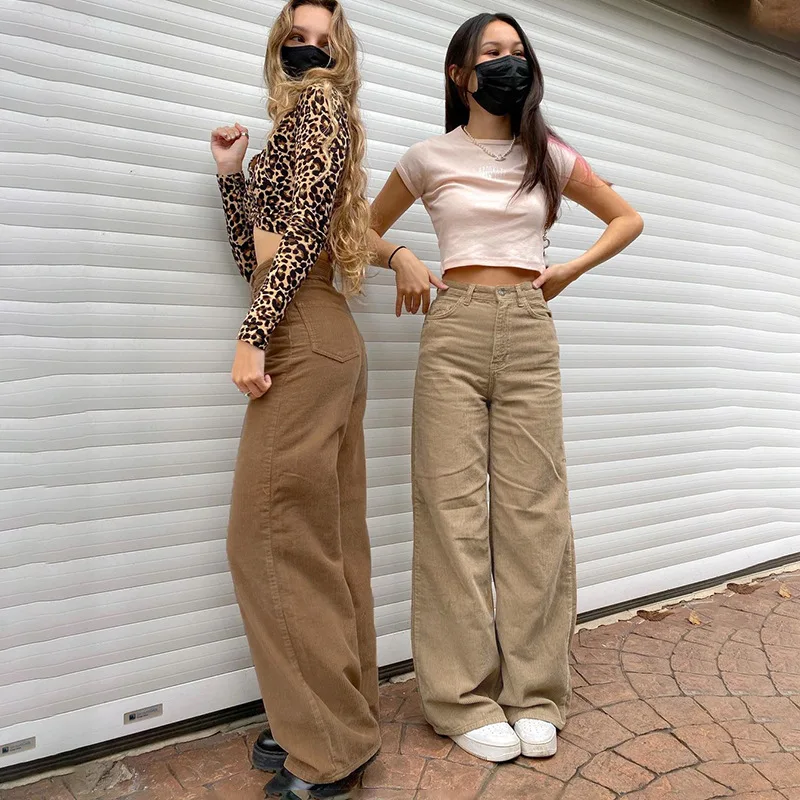 2021 New Retro Casual Woman Corduroy Ultra Light Core Velvet Brown Women Bottoms Pants Street Style Comfortable Wide Leg Pants