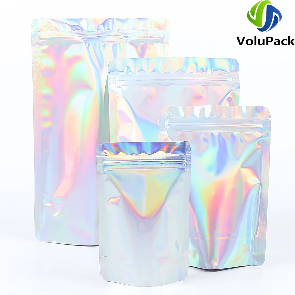 Eco Smell Proof Kitchen Packaging Bags Stand Up Holographic Silver Zipper Clip Pouches Reusable Aluminum Foil Mylar Storage Bags